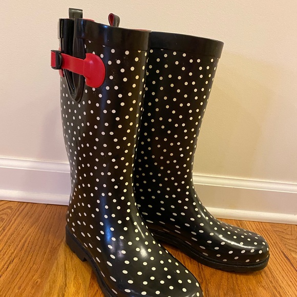 red polka dot rain boots
